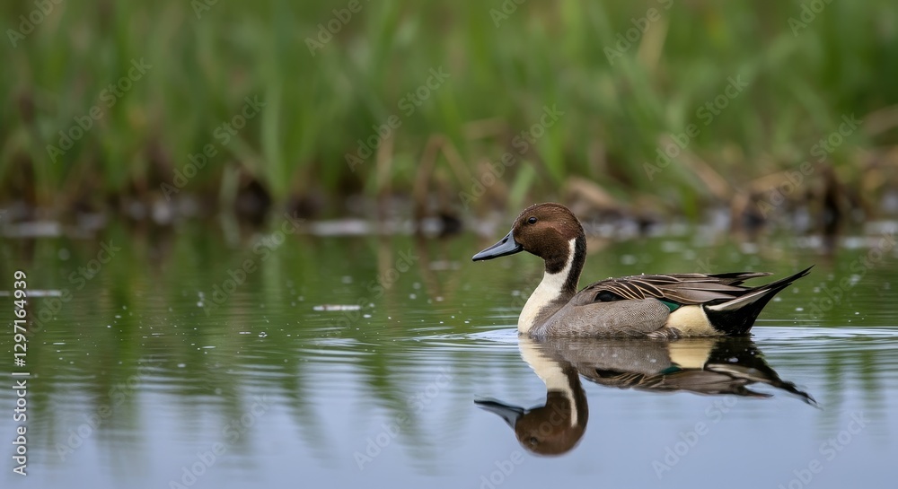 Northern Pintail Duck on Calm Water - A Northern Pintail duck floats serenely on a calm body of water, its reflection mirroring perfectly. Green vegetation forms a soft background Northern Pintail Duck on Calm Water - A Northern Pintail duck floats serenely on a calm body of water, its reflection mirroring perfectly. Green vegetation forms a soft background
