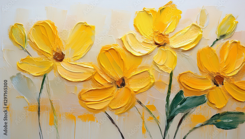 Bright yellow abstract flowers on canvas, painted in acrylics with oil painting-inspired brush strokes. A dynamic springtime composition.
Bright yellow abstract flowers on canvas, painted in acrylics with oil painting-inspired brush strokes. A dynamic springtime composition.