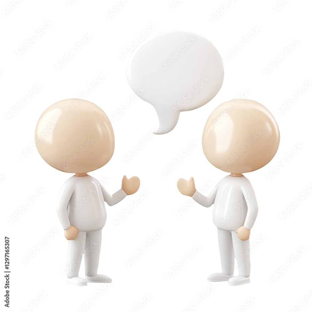 3d icon Two people glossy white Person faceless figures wearing beige pants conversing, holding light blue speech bubbles against transparent backdrop 3d icon Two people glossy white Person faceless figures wearing beige pants conversing, holding light blue speech bubbles against transparent backdrop