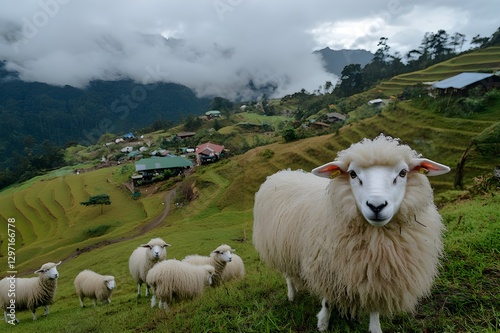 Living Cotton Balls with fluffy fur like clouds, sheep in the Cameron Highlands run around, occasionally turning around with their round, cute eyes photo