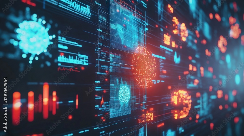 Futuristic interface displaying complex data analysis, global networks, and intricate visualizations, suggesting advanced technological monitoring and control in a vibrant digital environment Futuristic interface displaying complex data analysis, global networks, and intricate visualizations, suggesting advanced technological monitoring and control in a vibrant digital environment