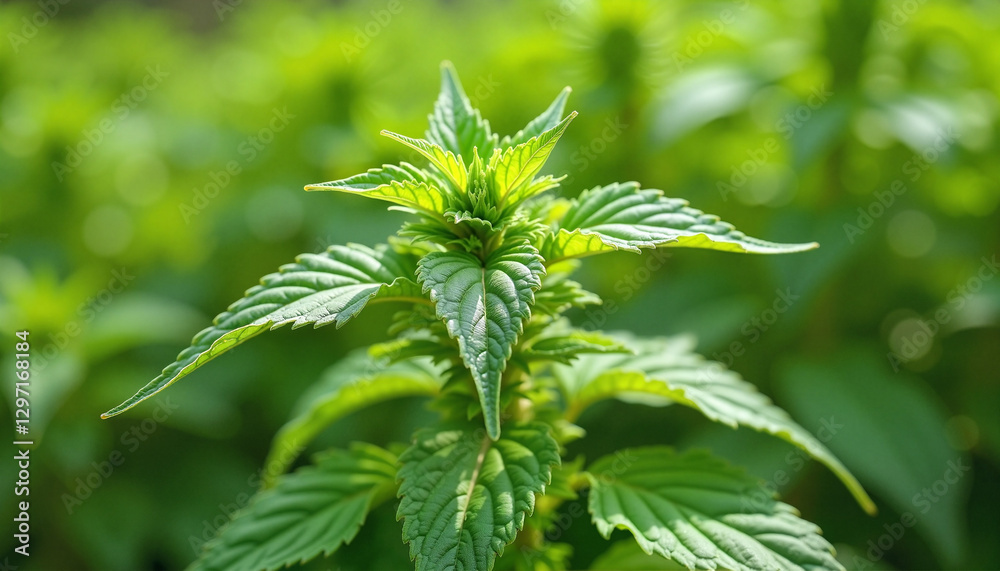 Fresh catnip leaves, playful mood, thriving in a garden background Fresh catnip leaves, playful mood, thriving in a garden background