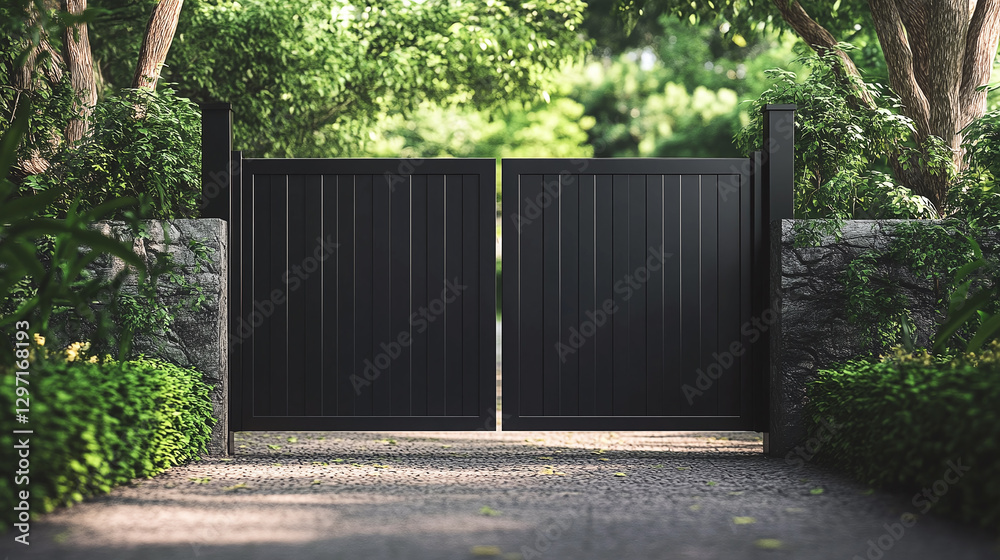 Elegant black gate, framed by stone pillars and lush greenery, inviting entry with secure boundary, in a vibrant, natural setting. Elegant black gate, framed by stone pillars and lush greenery, inviting entry with secure boundary, in a vibrant, natural setting.