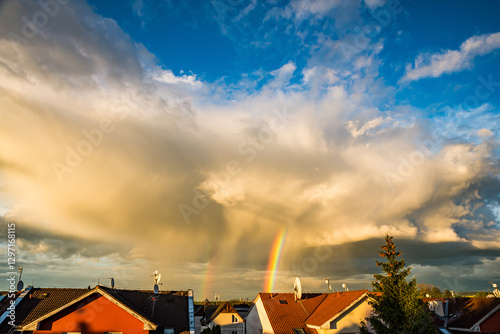 Nupaky, Czech republic - May 17, 2021. Double rainbow of cumulonimbus with blue sky in background photo