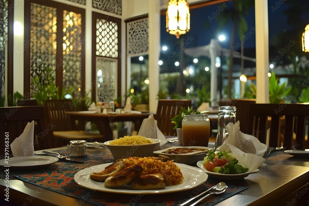 Fototapeta premium Breaking fast with perfect appetizing iftar meal, depicting fine dining restaurant dining room in peaceful twilight atmosphere