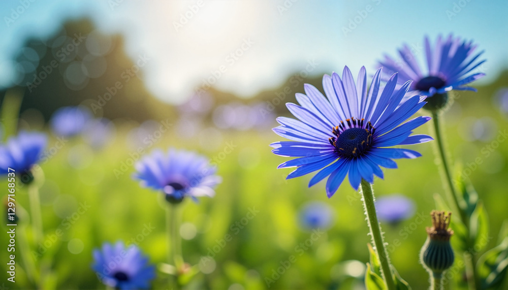 Fototapeta premium Bountiful cornflower blossoms, vibrant mood, blooming in a sunny meadow background