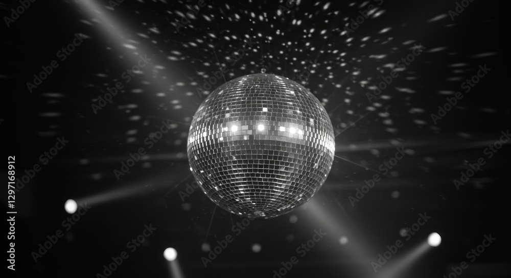 Obraz premium Sparkling Disco Ball Retro Party Nightlife Celebration - . Disco ball, lights, celebration, nightlife, retro party. Symbolizes fun, energy, entertainment, music, and dancing