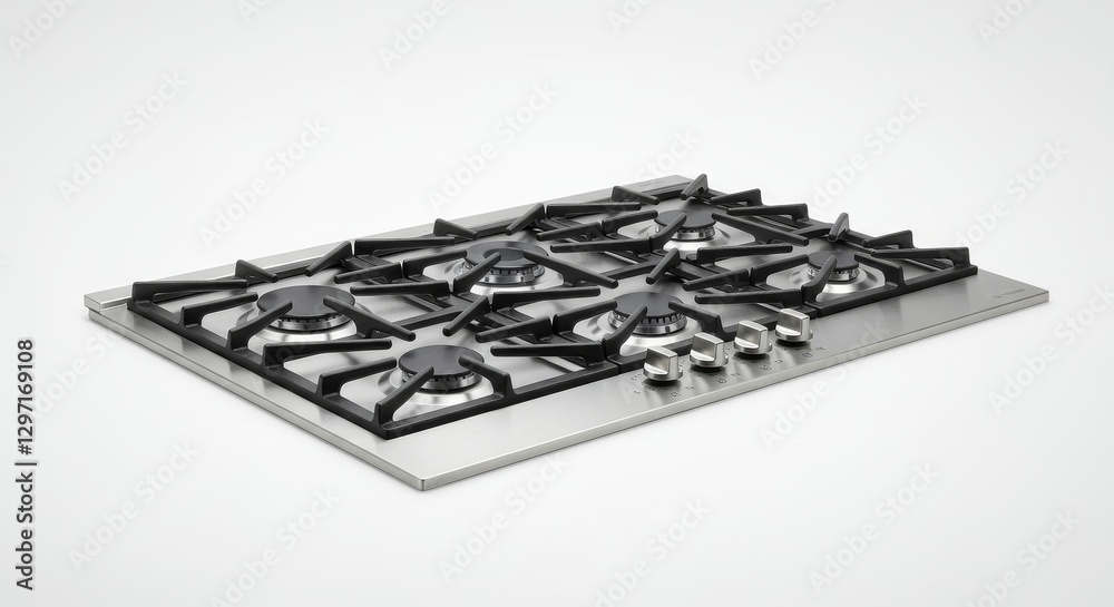 Stainless Steel Gas Cooktop - High-resolution of a stainless steel gas cooktop with six burners, perfect for kitchen appliance websites or brochures. Transparent background for easy Stainless Steel Gas Cooktop - High-resolution of a stainless steel gas cooktop with six burners, perfect for kitchen appliance websites or brochures. Transparent background for easy