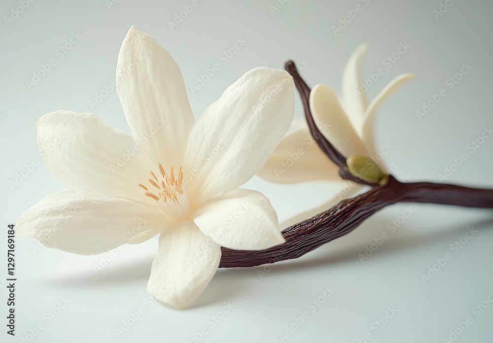 Obraz premium Elegant white flower with delicate petals on a smooth background, showcasing the beauty of nature in photography, perfect for botanical designs and artwork