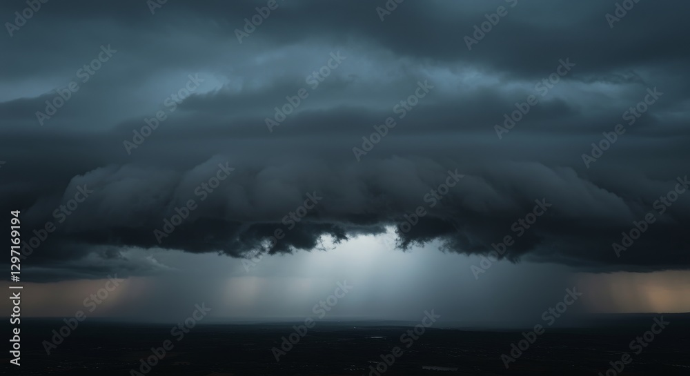 Naklejka premium Stormy Sky Over Flatlands - Dramatic storm clouds with heavy rain and a . Symbolizes global warming, climate change, environmental disaster