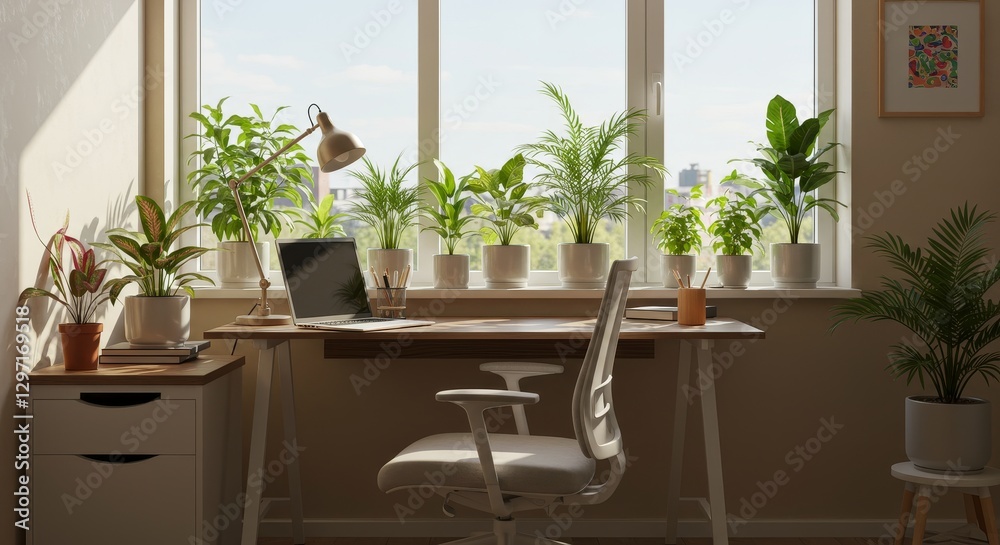 Fototapeta premium Sunny Window Office Desk Setup with Plants and - Bright, airy home office workspace. Sunlight streams in, illuminating plants and a laptop on a desk. Clean