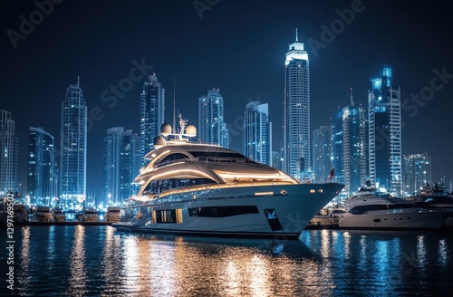 Luxurious yacht at night in Dubai