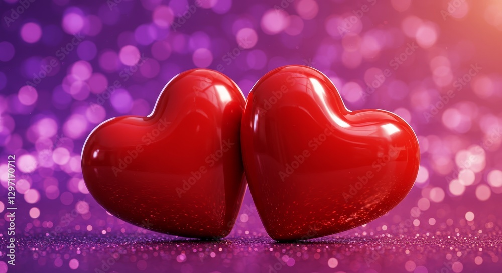 Obraz premium Two Red Hearts on Purple Glitter - Two glossy red hearts nestled together on a shimmering purple background. Perfect for Valentine's Day or romantic designs