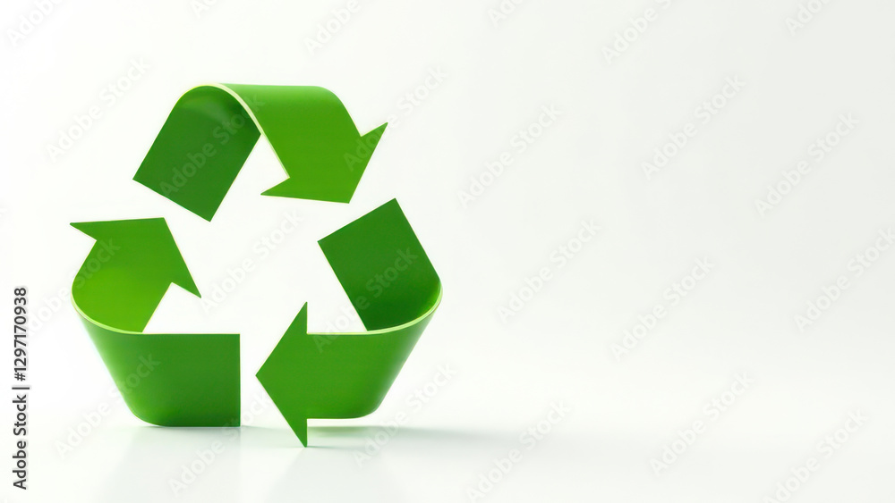 A prominent green recycling symbol is displayed against a clean white background. The design emphasizes the importance of recycling and environmental stewardship for a sustainable future. Copy space A prominent green recycling symbol is displayed against a clean white background. The design emphasizes the importance of recycling and environmental stewardship for a sustainable future. Copy space