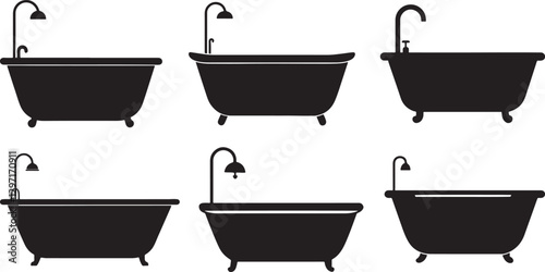 set of bathtub silhouette, black and white silhouette, vector and illustration
