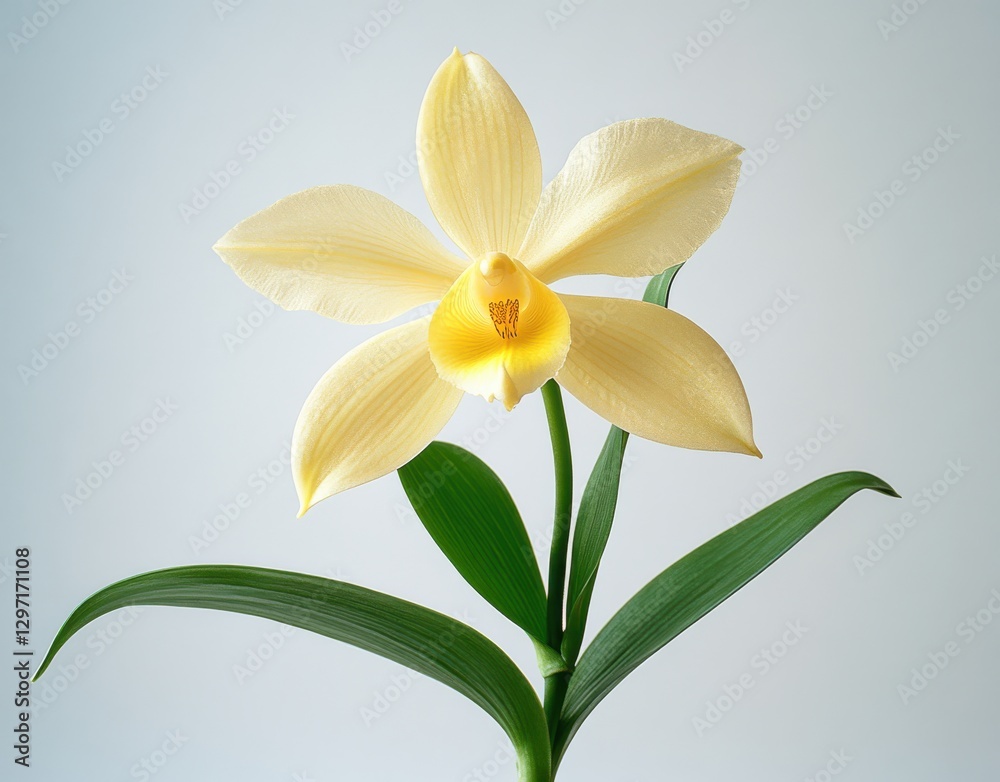 Fototapeta premium Elegant Yellow Orchid Bloom with Soft Petals and Green Leaves on A Light Background for Botanical and Floral Design Purposes