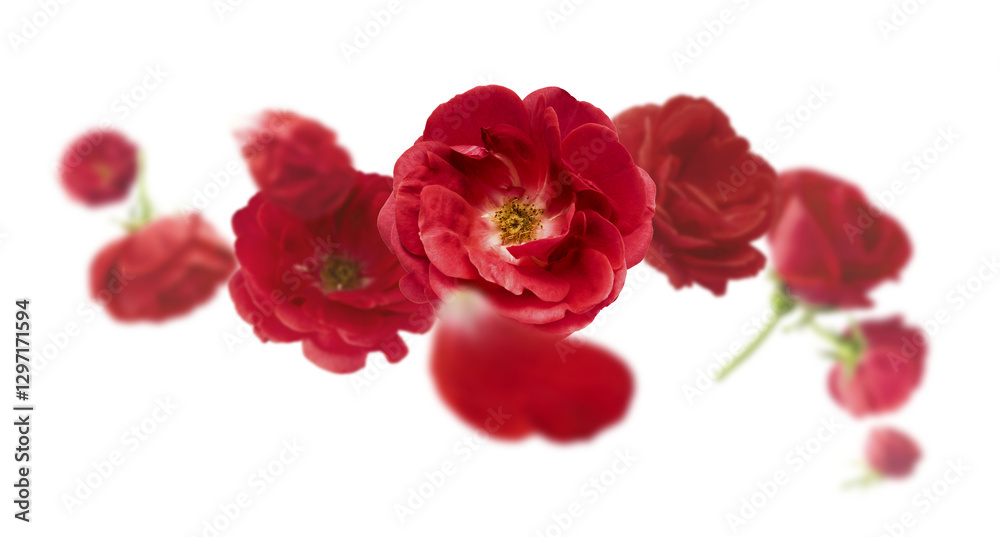 Obraz premium Beautiful Red English Rose falling in the air isolated on white background. High resolution image. Flower levitation or zero gravity conception