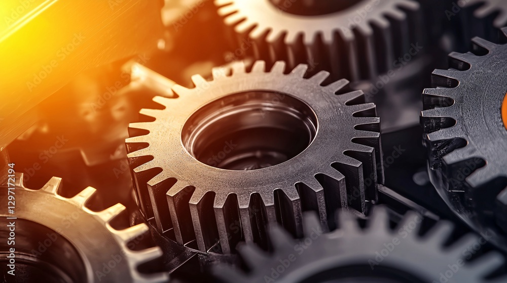 Close-up of Metallic Gears in Motion with Warm Light Effects Close-up of Metallic Gears in Motion with Warm Light Effects