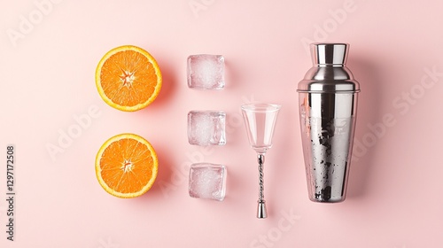 Modern Cocktail Preparation with Citrus and Ice on Pink Background photo