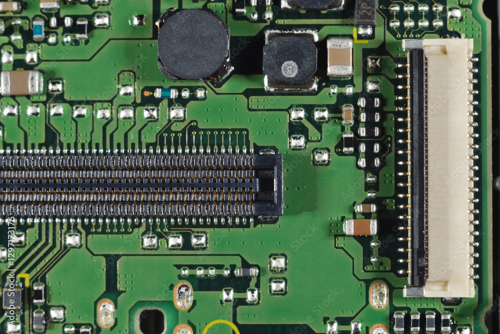 macro photo of a green board with a socket for a cable macro photo of a green board with a socket for a cable