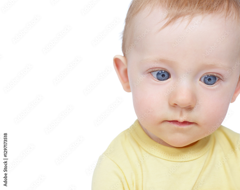 Thinking, baby face and child in studio for growth, development or imagine isolated on white background. Infant, cute and young kid, adorable boy or dream with innocence or wonder with mockup space Thinking, baby face and child in studio for growth, development or imagine isolated on white background. Infant, cute and young kid, adorable boy or dream with innocence or wonder with mockup space