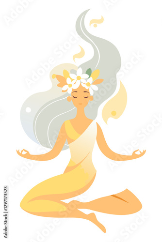 Serene woman meditating with flowers in a light pastel style  