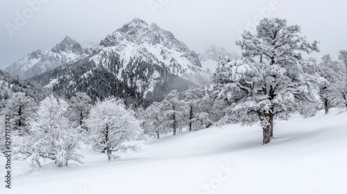 Snowy mountain peaks with frosted trees photo