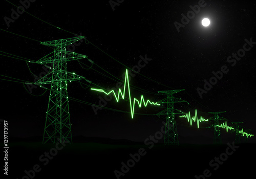 Electrifying glowing transmission towers with neon green power lines, displaying a pulsating electrical wave beneath a serene night sky in a futuristic energy scene