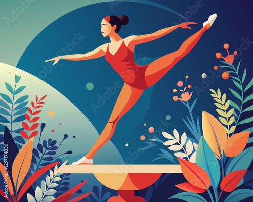Artistic Vector Illustration of Ballet Dancer Executing Perfect Arabesque Among Decorative Floral Elements, Capturing Grace and Beauty in Modern Dance Performance