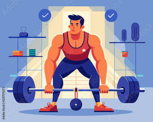 Powerful Vector Illustration of Weightlifter Performing Deadlift Exercise, Showcasing Strength and Proper Form in Professional Powerlifting with Detailed Gym Equipment Background