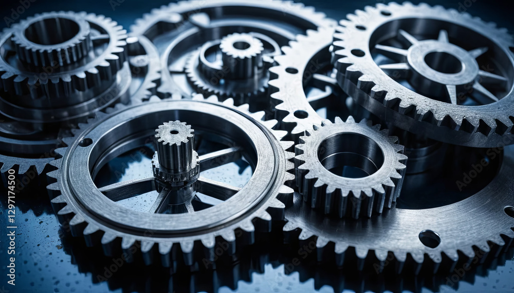 A close-up view showcases various sizes of metallic gears interlocking and resting on a dark surface, creating a visually complex pattern that highlights engineering and design A close-up view showcases various sizes of metallic gears interlocking and resting on a dark surface, creating a visually complex pattern that highlights engineering and design