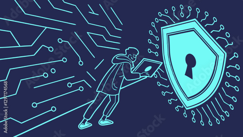 A stylized digital shield surrounded by complex circuits, portraying the intertwining of technology and security solutions.