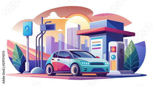 A stylish car parked at a sleek gas station, highlighting the modern conveniences of daily commuting and vehicle care.
