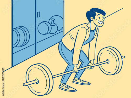 A cheerful man performing deadlifts in a lively fitness environment, highlighting power and focus in strength training.