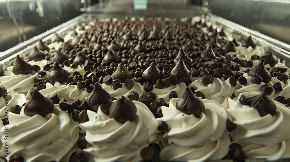 Obraz premium Ice cream production machine dispensing toppings onto sweet frozen treats in factory setting