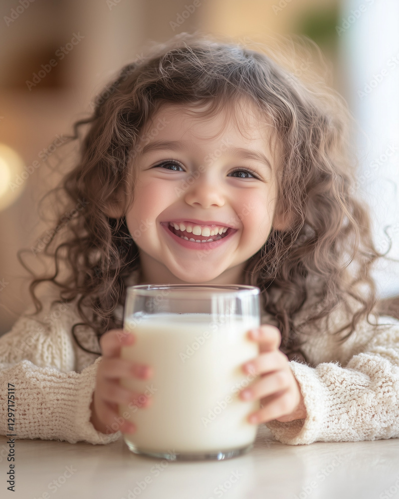 Smiling curly-haired girl holding a glass of milk indoors Smiling curly-haired girl holding a glass of milk indoors