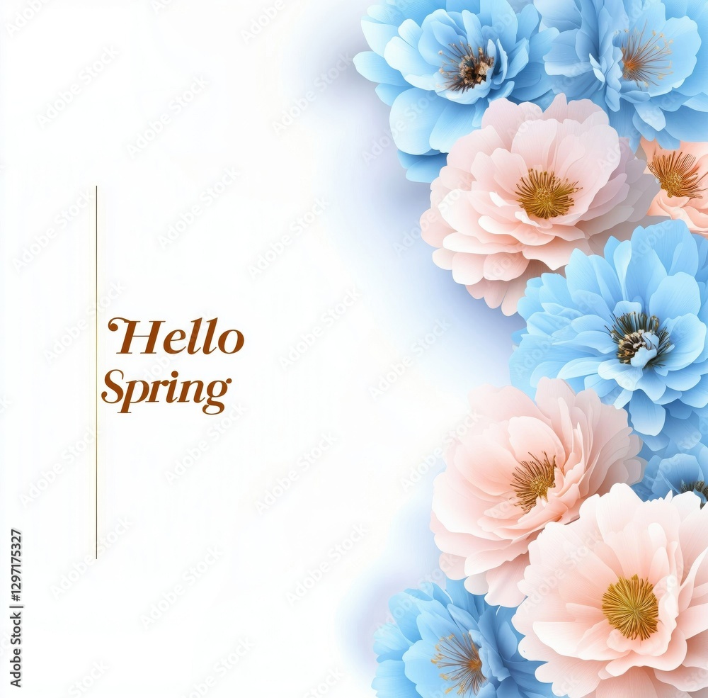 Fototapeta premium A delicate and elegant floral illustration featuring the phrase Hello Spring. The design includes soft pastel flowers in shades of blue and peach, arranged on the right side.