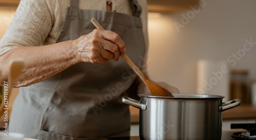 Elderly caucasian female cooking with wooden spoon in kitchen