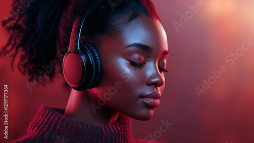 Black woman wearing headphones. High resolution aesthetic suitable for advertising purposes. Photo to attract attention in banner ads. Young black woman. Generated AI.