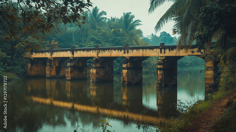 bridge over the river at sunset landscape.