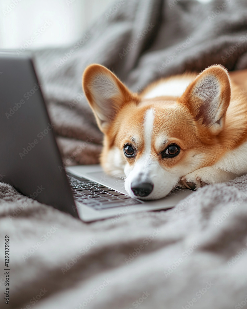 Cute corgi dog resting on bed next to a laptop Cute corgi dog resting on bed next to a laptop