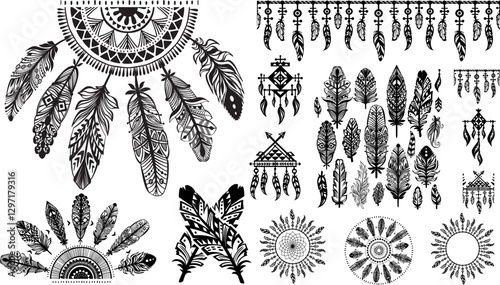 Set of Dreamcatchers and feathers in tribal style, vector black and white illustration