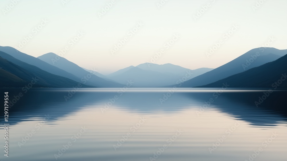 A serene and peaceful scene of a lake surrounded by mountains. The water is calm and still, reflecting the mountains in the distance. Concept of tranquility and harmony with nature