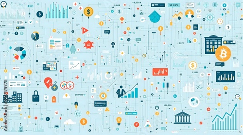 Wallpaper Mural Abstract Digital Network with Financial Symbols and Charts, Fintech Background Torontodigital.ca