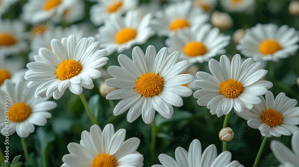 Scattered white daisies with yellow centers, cheerful and simple background Scattered white daisies with yellow centers, cheerful and simple background