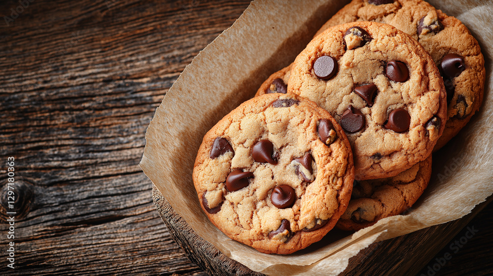 Tray of freshly baked chocolate chip cookies, home-baked treats, on parchment paper lining a wooden kitchen counter with warm inviting lighting and copy space Tray of freshly baked chocolate chip cookies, home-baked treats, on parchment paper lining a wooden kitchen counter with warm inviting lighting and copy space