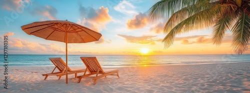 Exquisite Tropical Beach Setting with White Sandy Beach and Towering Palm Trees, Wanderlust