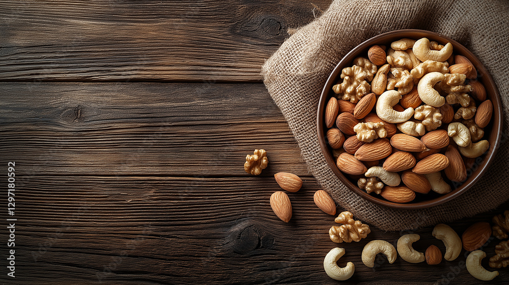 Bowl of mixed nuts including almonds, cashews, and walnuts, nutritious snack concept, on a rustic wooden surface with warm natural lighting and copy space Bowl of mixed nuts including almonds, cashews, and walnuts, nutritious snack concept, on a rustic wooden surface with warm natural lighting and copy space