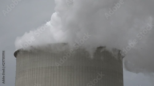 Close-up of cooling tower of polluting coal fired power plant in Germany
