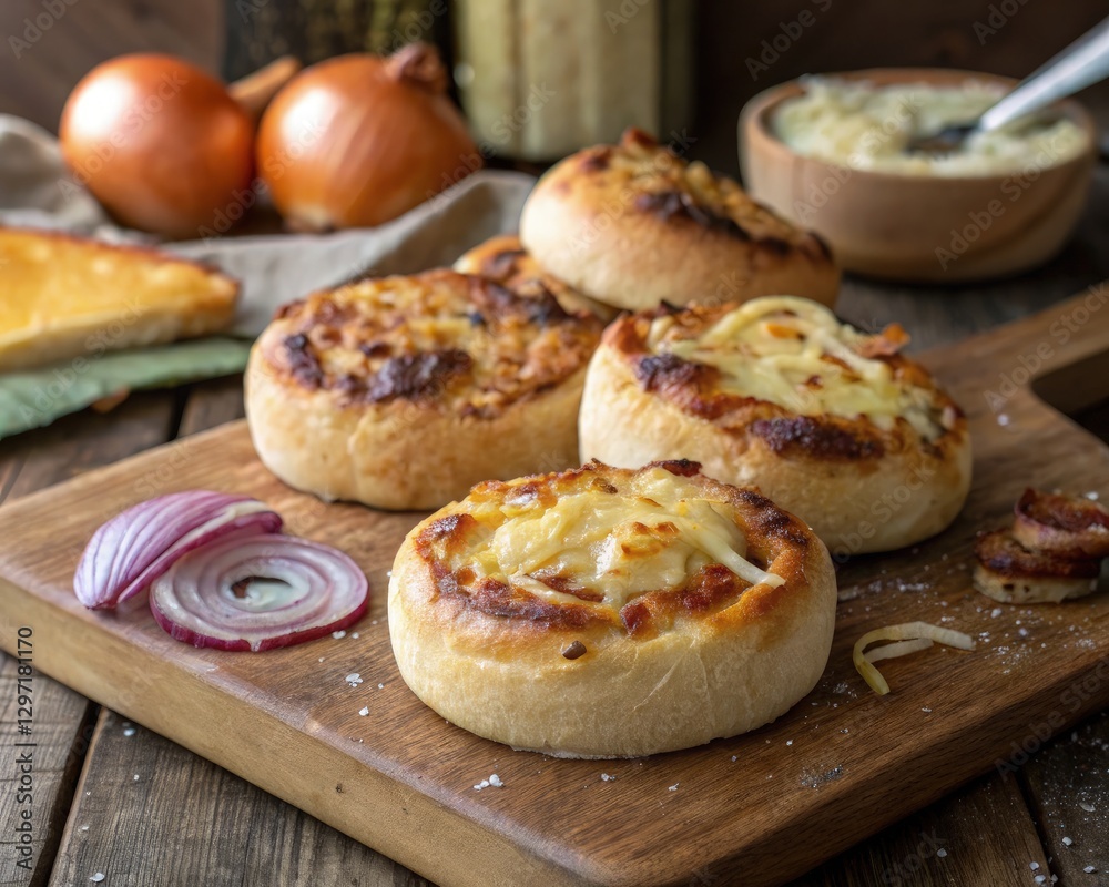 Savory Cheese and Onion Crusty Rolls on Wooden Board. Generative AI Savory Cheese and Onion Crusty Rolls on Wooden Board. Generative AI